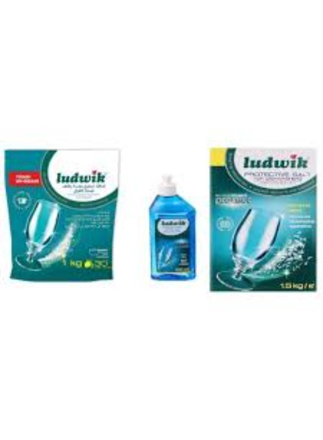 لودفيك مسحوق غسالة صحون بـ5 وظائف من لودويك، 1 كجم + مساعد شطف لغسالة الأطباق 300 مل + ملح واقي لغسالة الاطباق  1.5 كجم - Image 1